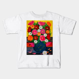 A beautiful bouquet of mixed flowers in a gold and turquoise vase Kids T-Shirt